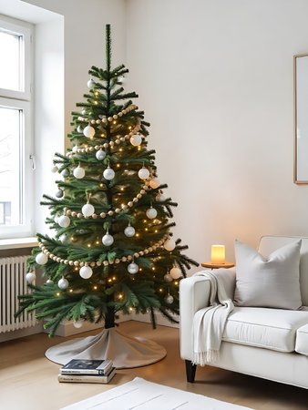interior of white living room with decorated christmas tree and sofa whiteの素材