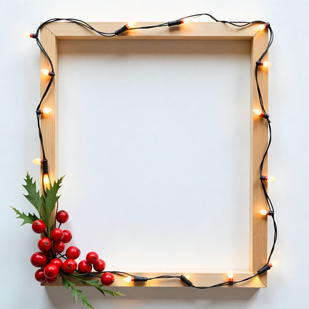 Christmas lights on wooden frame with red holly berries on white backgroundの素材