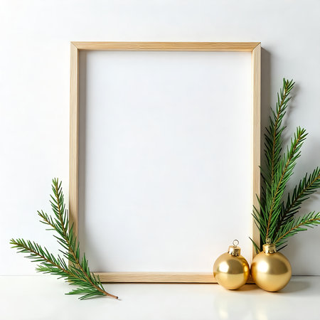 Mock up wooden frame with christmas tree branches and balls on white background. 3d renderの素材