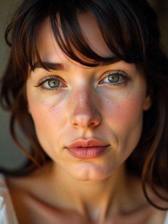 Close-up portrait of a beautiful young brunette woman with blue eyesの素材