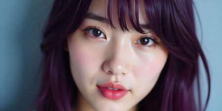 tight face close-up of a korean woman with straight bangs, purple hair, clear sharp eyes, smooth complexion, minimal makeup, studio backgroundの素材