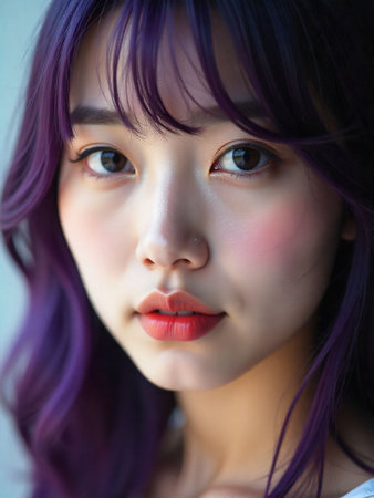 tight face close-up of a korean woman with straight bangs, purple hair, clear sharp eyes, smooth complexion, minimal makeup, studio backgroundの素材