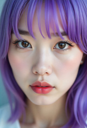 tight face close-up of a korean woman with straight bangs, purple hair, clear sharp eyes, smooth complexion, minimal makeup, studio backgroundの素材
