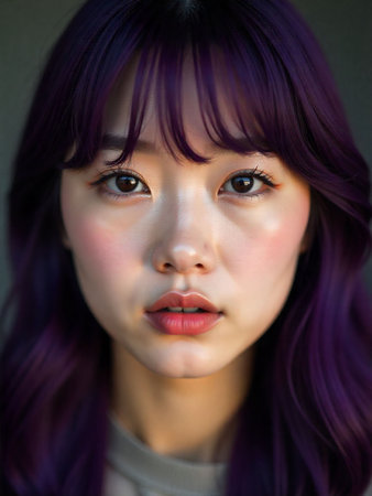 Beautiful asian girl with purple hair, closeup portrait.の素材
