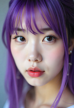 tight face close-up of a korean woman with straight bangs, purple hair, clear sharp eyes, smooth complexion, minimal makeup, studio backgroundの素材