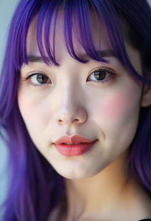 tight face close-up of a korean woman with straight bangs, purple hair, clear sharp eyes, smooth complexion, minimal makeup, studio backgroundの素材