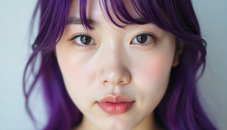 Portrait of a beautiful asian woman with purple hair, close upの素材