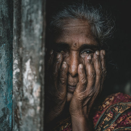 an old Indian woman sobbing looking through the window of a rundown house in Bangaloreの素材