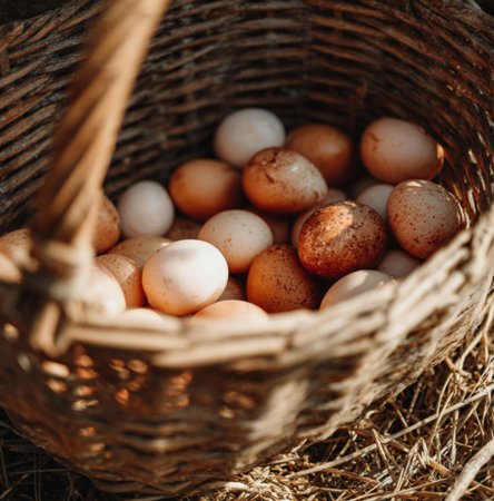 Eggs in a wicker basket on a straw background, wicker basket full of eggsの素材