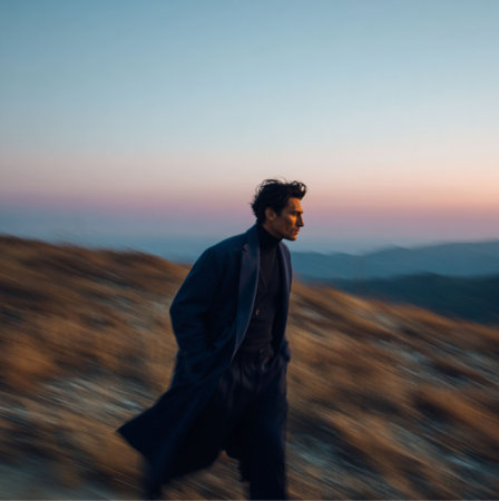 a dark haired, olive skinned bulgarian man, 40s, in a navy blue overcoat, outdoors, adventurous, rugged, walking on top of california mountain hills, late summer, sunset.の素材