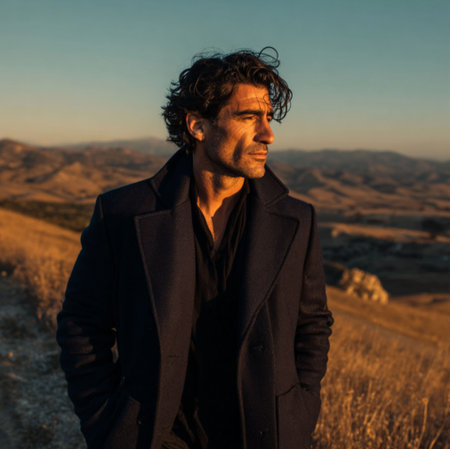 Handsome man with dark curly hair wearing a coat and looking away while standing on a hill during sunsetの素材