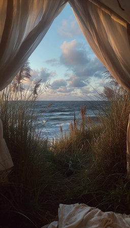 the ocean view from inside an open tent, with white curtains blowing in the wind, tall grass and dunes in the foreground, and a cloudy sky.の素材