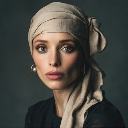 Elegant British female model wearing a stylish head scarf, confident bold expression, fashion style, soft natural lighting, premium studio backgroundの素材