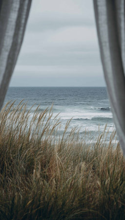 the ocean view from inside an open tent, with white curtains blowing in the wind, tall grass and dunes in the foreground, and a cloudy sky.の素材