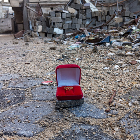 A red box containing a ring lies on the ruined city grounds. The concept of poverty.
