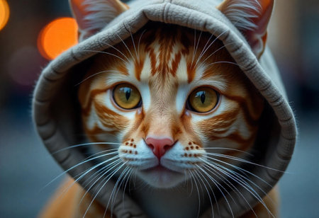 Close up portrait of a ginger cat wearing a hooded coat.の素材