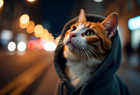 Intimate portrait of an orange and white cat wearing hoodie, gazing upward slightly right, soft city light bokeh at nightの素材