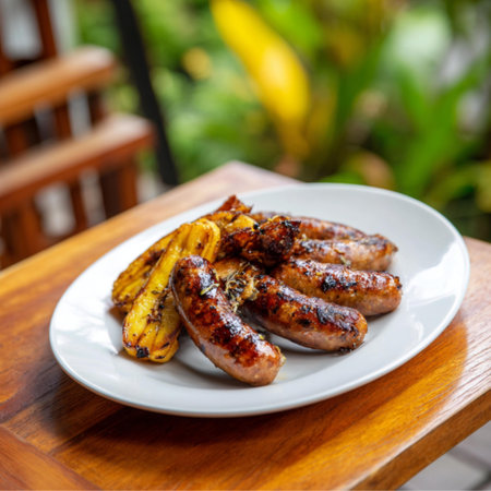 Grilled sausages with banana, on a white plate on a wooden tableの素材