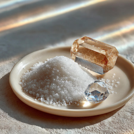 Pure white plate with a small mound of coarse white salt placed in the middle, a soft and white gradient background, a small transparent quartz crystal placed next to the saltの素材