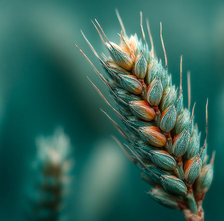 Close up of wheat ears on blurred background. Shallow depth of field.の素材