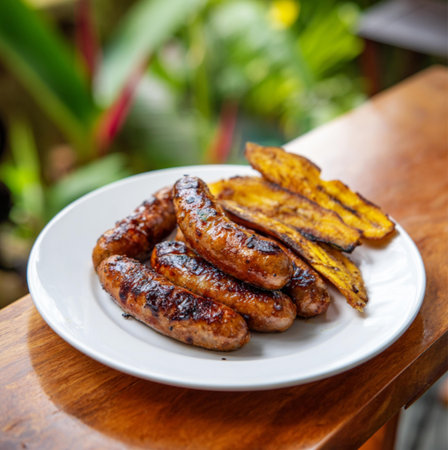 Grilled sausages with fried potatoes on the wooden table.の素材