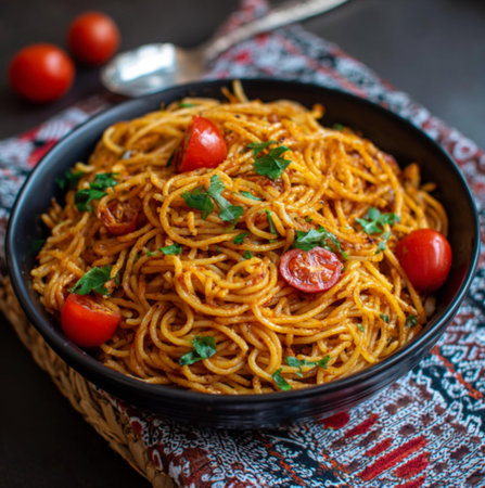 Spaghetti pasta with tomato sauce and parsley in a black bowl, Nigerian Jollof Spaghettiの素材