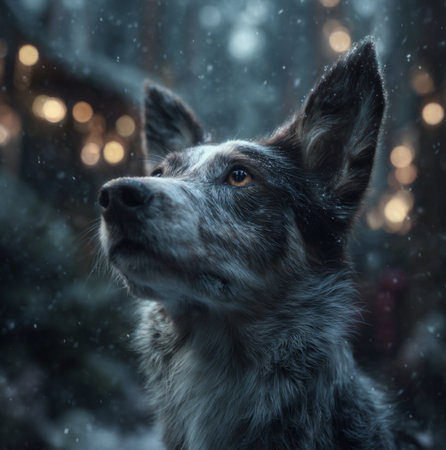 Portrait of a dog on a background of a winter forest.の素材
