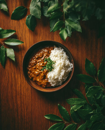 Rice and curry in a bowl on wooden background. Indian foodの素材