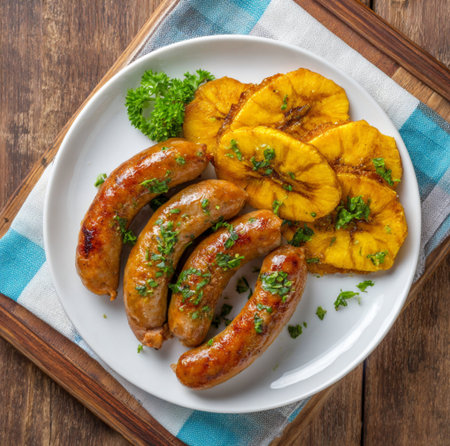 Grilled sausages with pumpkin and parsley on wooden backgroundの素材