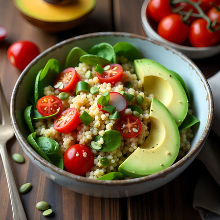 Quinoa salad with avocado, tomatoes and spinach in bowl on wooden backgroundの素材