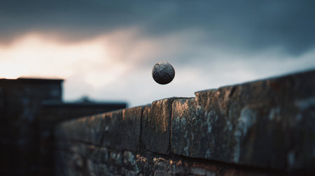 A closeup shot of a stone wall with a ball in the foreground, A closeup shot of a ball fly on a stone wall under a cloudy skyの素材