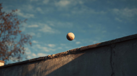A closeup shot of a snail on a roof with a blue sky in the backgroundの素材