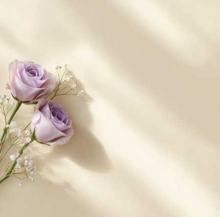 Beautiful pink roses on beige background. Flat lay, top view.の素材