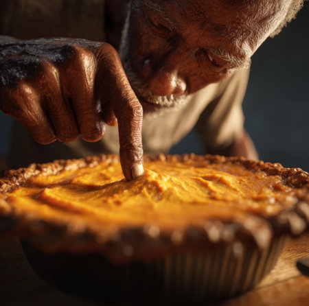 Close up of senior African American man cooking homemade pumpkin pie in kitchen.の素材