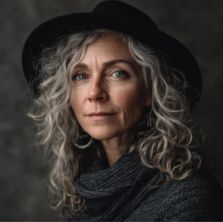 Portrait of a beautiful middle-aged woman in a hat and scarfの素材