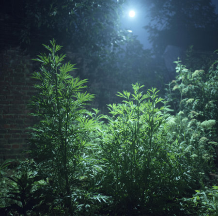 Cannabis plant in the garden at night with moonlight.の素材