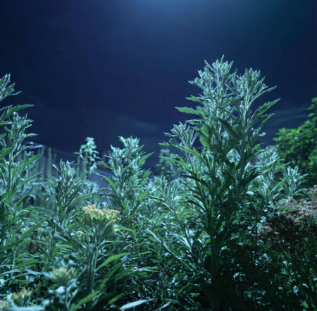 Beautiful green grass in the garden at night. Nature background.の素材