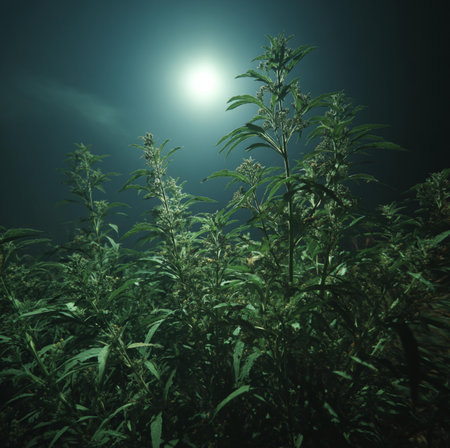 Cannabis plant in the field at night with moonlight.の素材