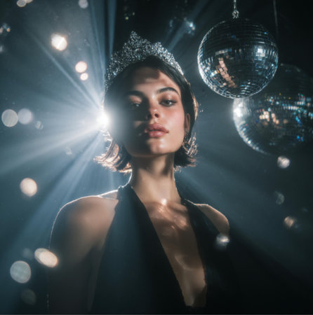 Portrait of a beautiful girl in a black dress and a crown in descoの素材