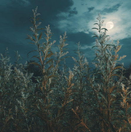 Reed in the field under the moonlight. Autumn landscape.の素材