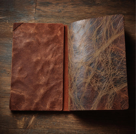 Leather notebook on old wooden background. Top view with copy spaceの素材