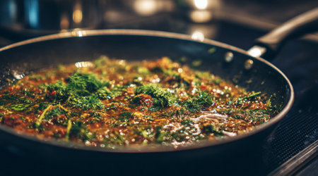 Closeup of frying pan with meat and herbs on the kitchen table, pan with sauce tomatoes on gasの素材