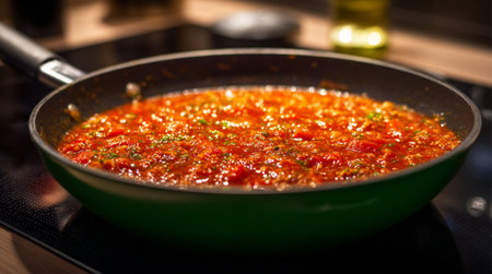 Frying pan with tomato sauce on the stove in the kitchen.の素材
