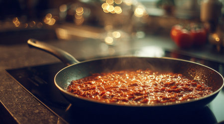 a bubbling frying pan full of tomato ragu sauce, warm lighting, modern electric induction hobの素材