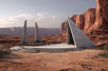 design concept of an outdoor concert stage in the desert mountains, surrounded by red rock formations. the shape is triangular and minimalistic with sharp edges.の素材