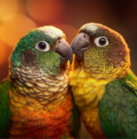 two parrots in love on bokeh background, close up, kissの素材