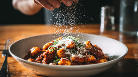 delicious looking Ragu Gnocchi in a white bowl,cheese on top, resting on a wooden table.の素材