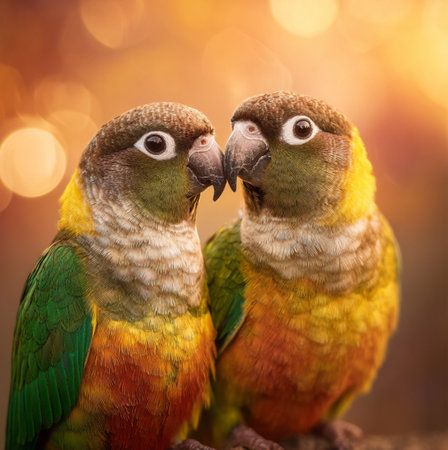 Portrait of two parrots on bokeh background, close upの素材