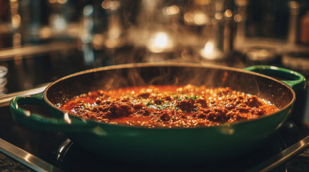 Meatballs in tomato sauce in a frying pan on a restaurant kitchenの素材