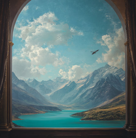 Beautiful view of the mountains and the lake in the window.の素材